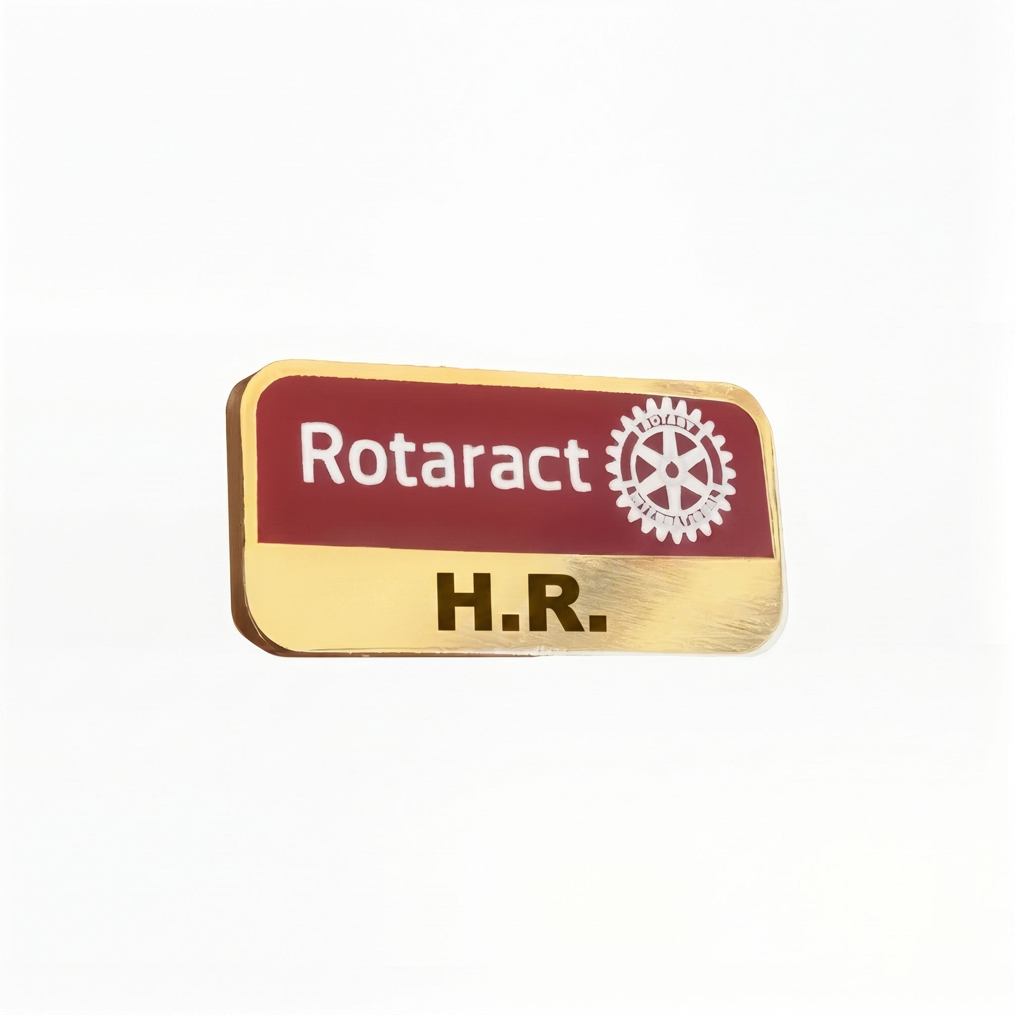 Insigna pin metalica pentru functia de HR in clubul Rotaract, realizata din metal stantat si placata cu aur de 24k.