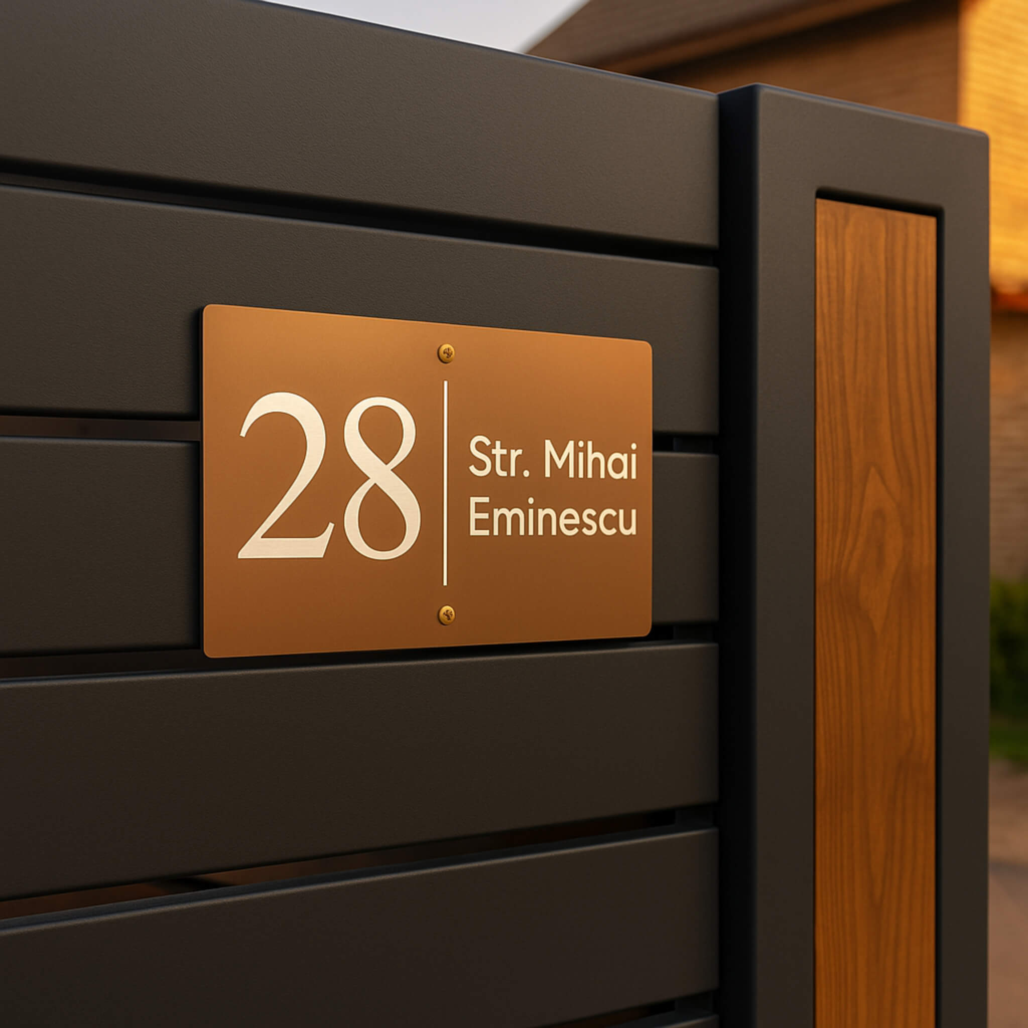 Numar casa AluCore Landscape bronz mat montat pe fatada moderna, format orizontal, gravura laser argintie