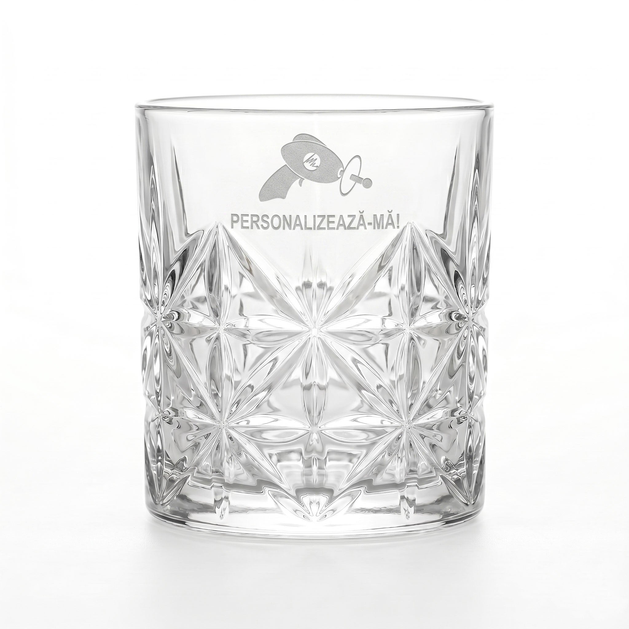 Pahar de whiskey de lux model ICE cu reflexii de cristal, personalizabil prin gravura laser permanenta de inalta definitie.