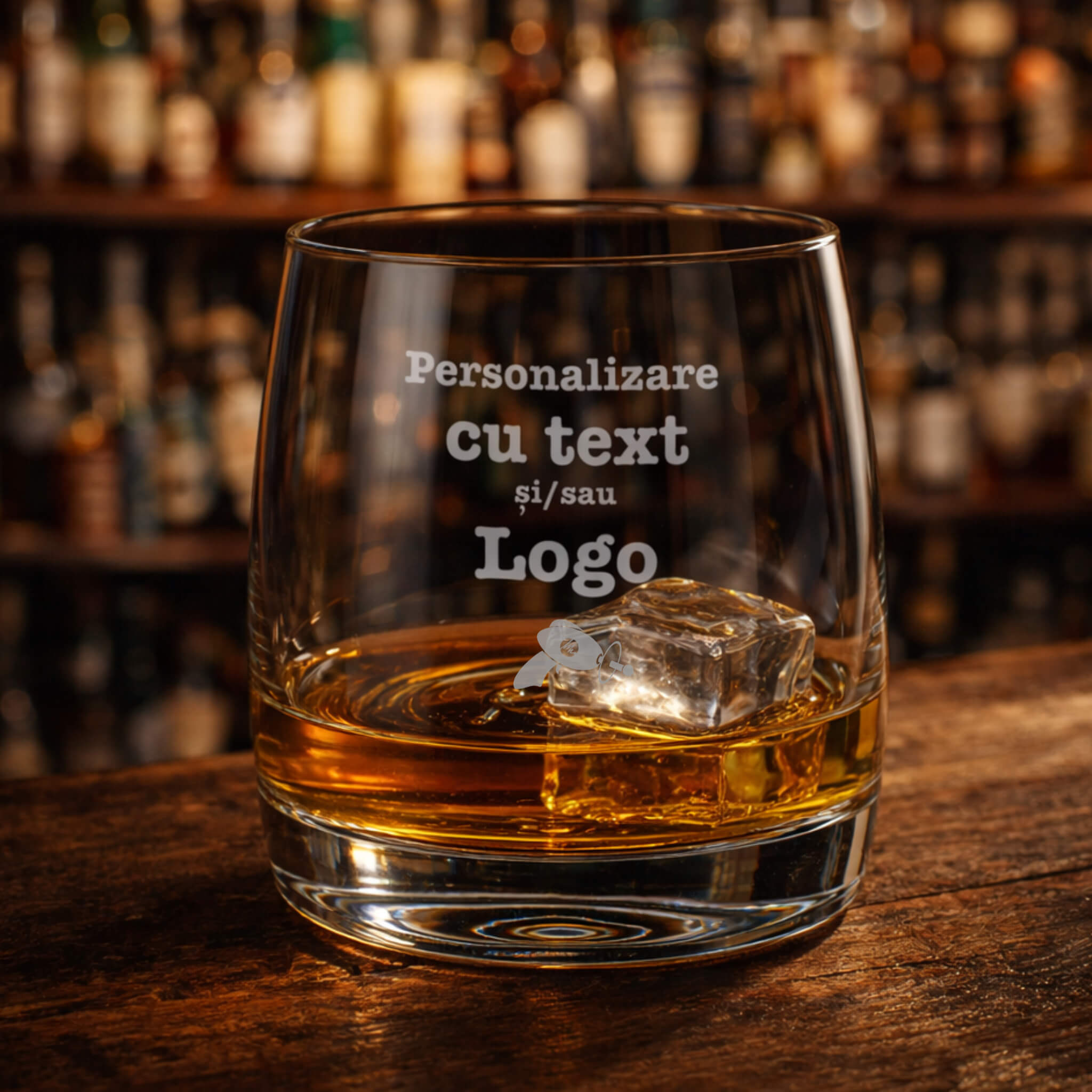 pahar whisky personalizat din cristal Bohemia Pavo Signature 290 ml gravat cu text si logo pe bar din lemn