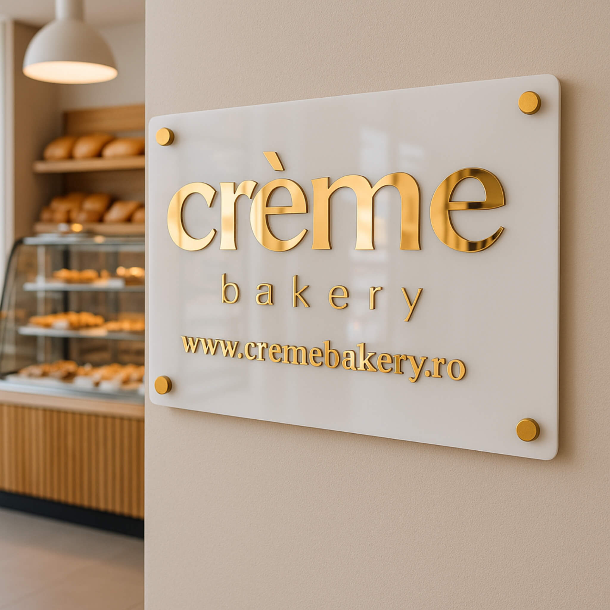Placă firmă Creme Bakery din acrilic alb cu litere aurii oglindă pe perete.