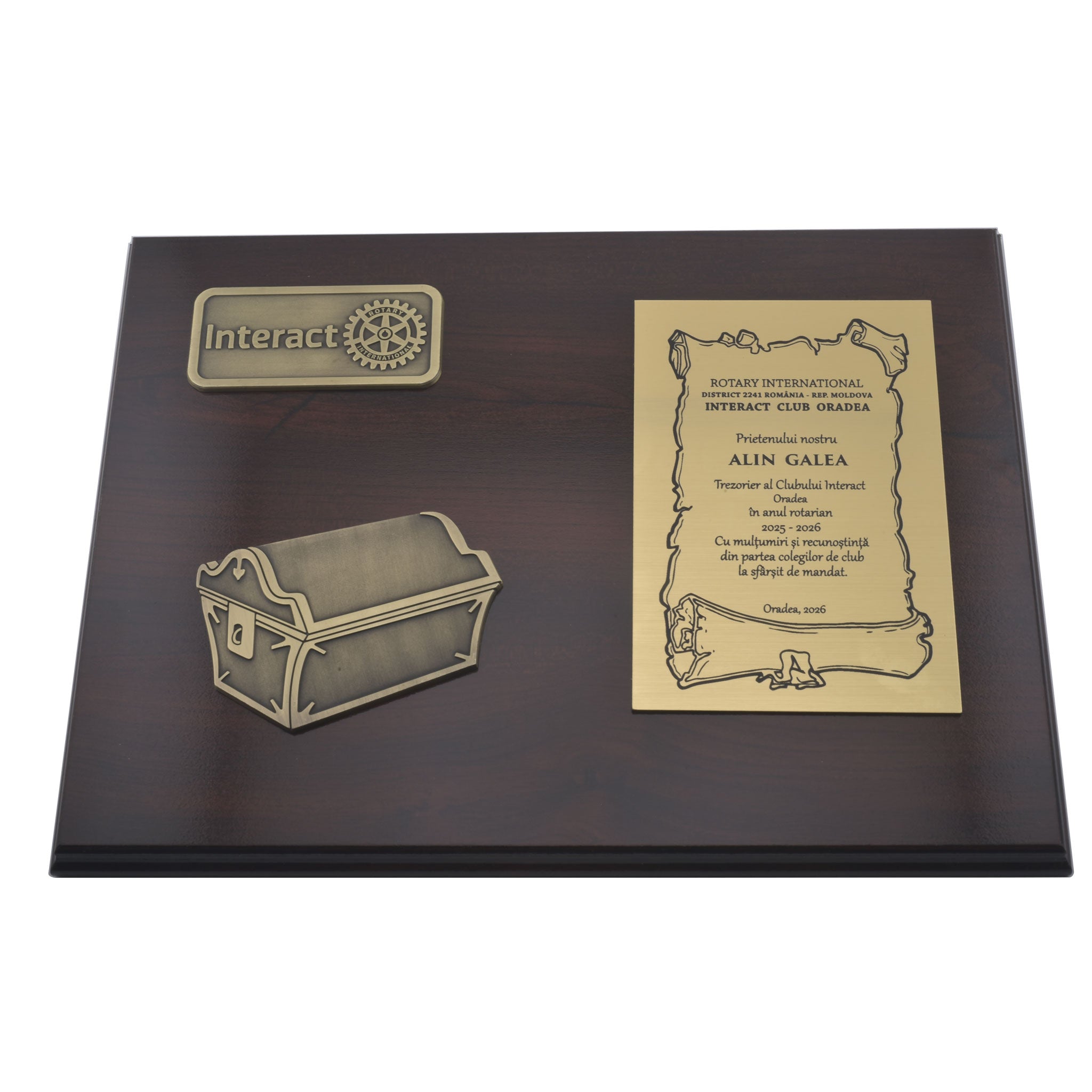 Placheta Past Treasurer Interact, Lemn si Metal, 30x23 cm