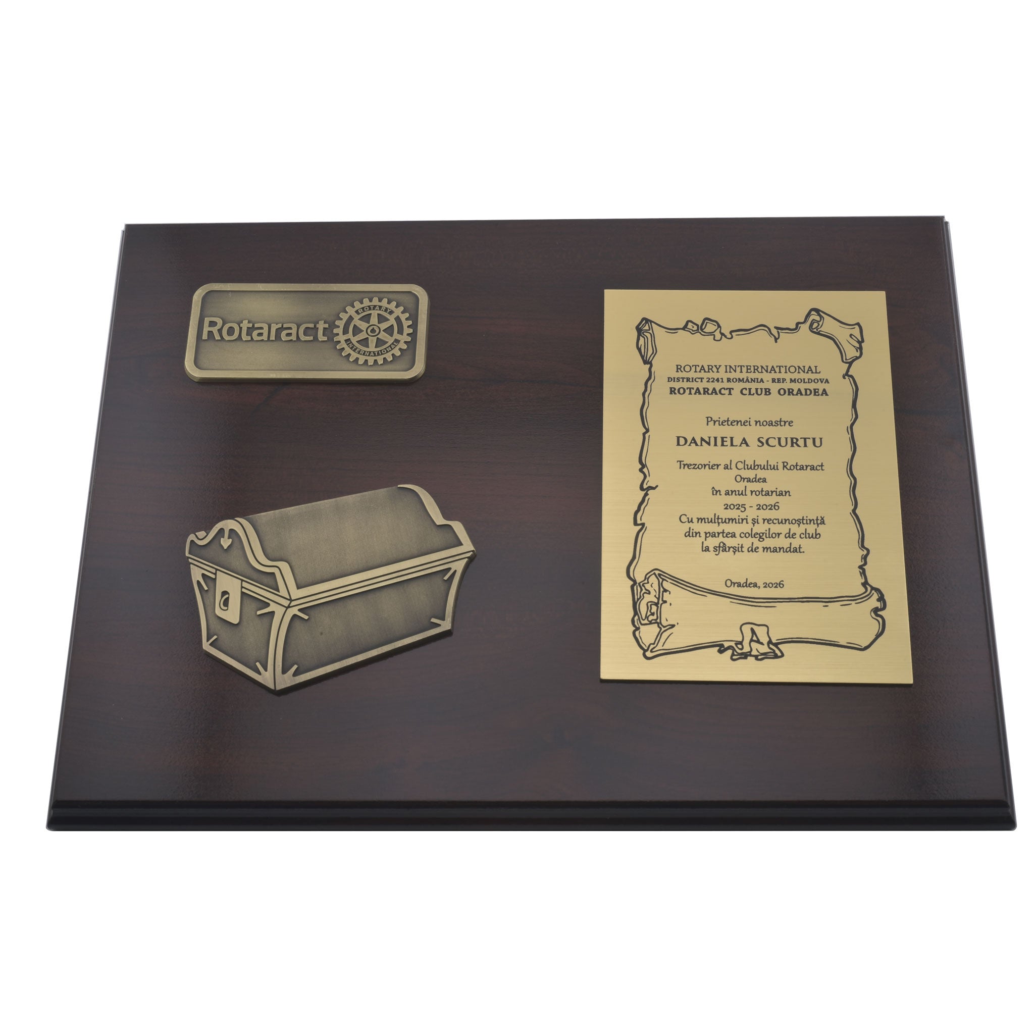 Placheta Past Treasurer Rotaract, Lemn si Metal, 30x23 cm
