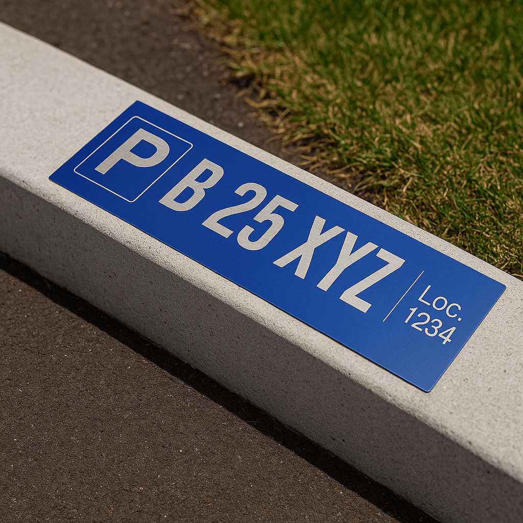 Placuta parcare rezervata bond albastru 40x10cm cu numar - loc si P - personalizata laser