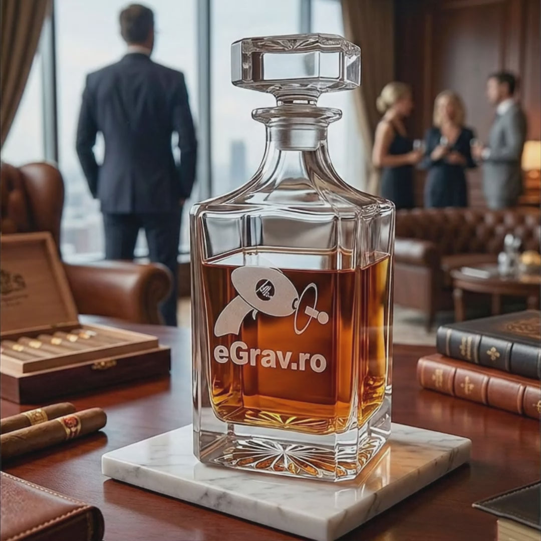 Un decantor de whisky personalizat prin gravură, cu model de diamant la bază, plin cu whisky, pe o masă de lemn într-un decor masculin.