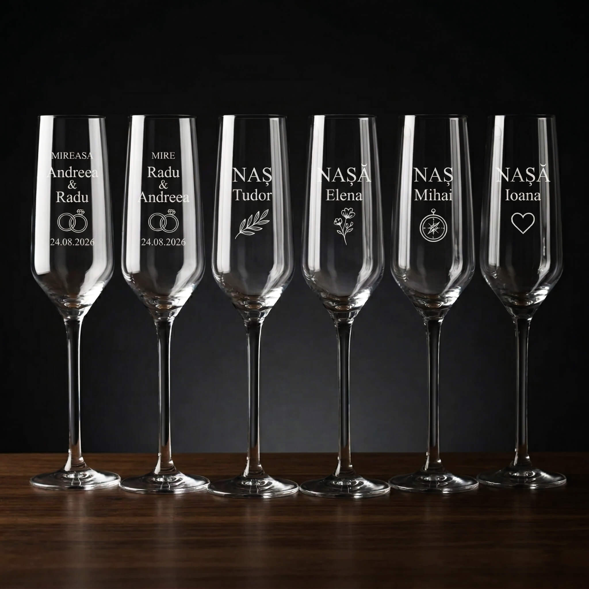 Set 6 pahare personalizate pentru miri si nasi cu gravura eleganta pentru nunta