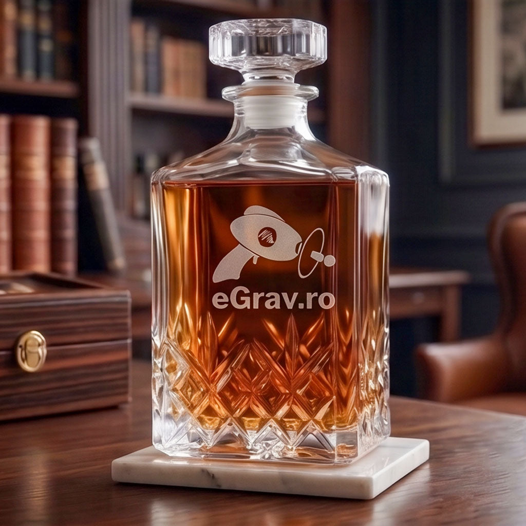 Un decantor de whisky din sticlă tăiată, cu un model de diamant la bază, este așezat pe o masă de lemn într-o încăpere cu decor masculin. În sticlă, care conține whisky de culoare chihlimbar, este gravat logo-ul și textul „eGrav.ro”
