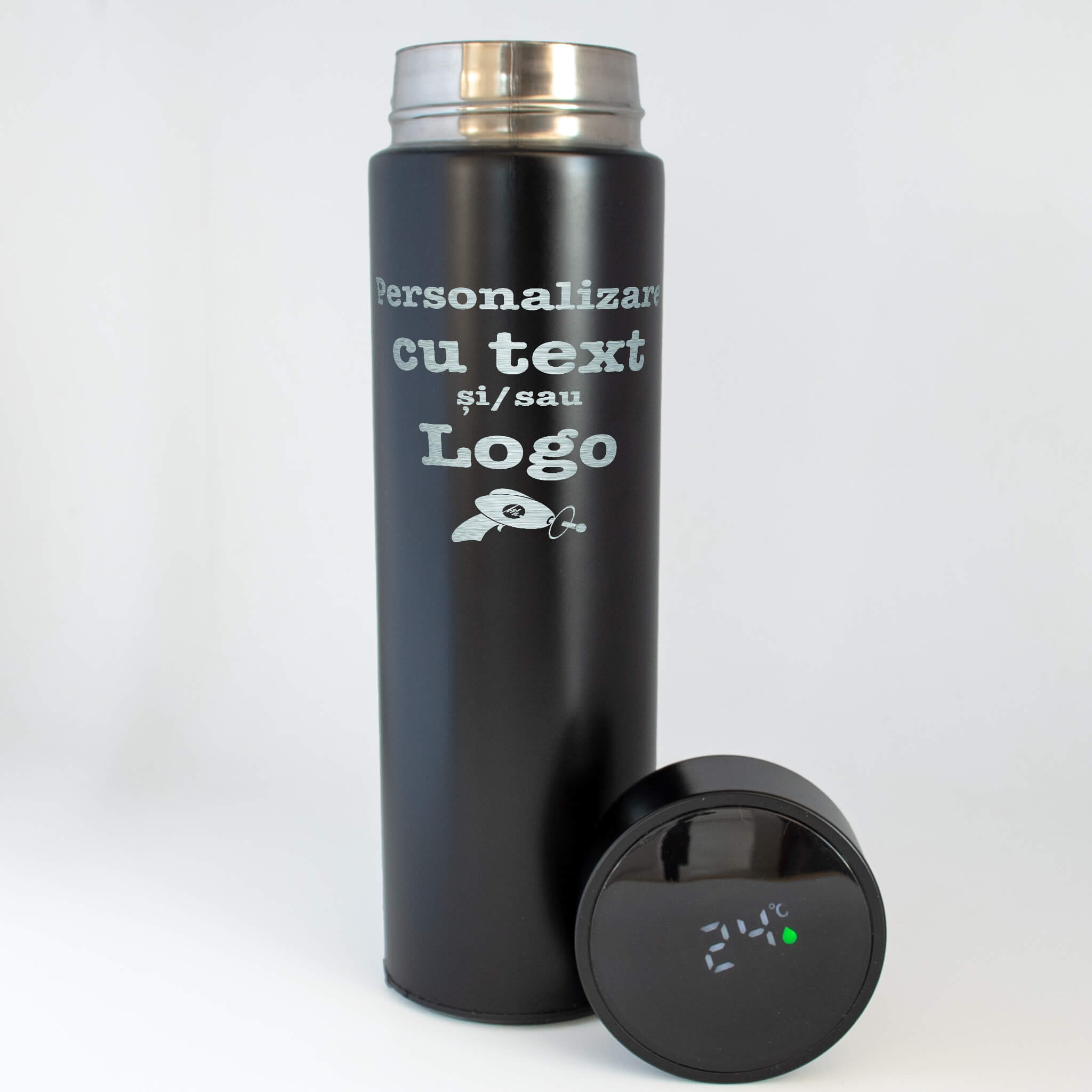 ermos negru personalizat cu termometru digital capac 500ml