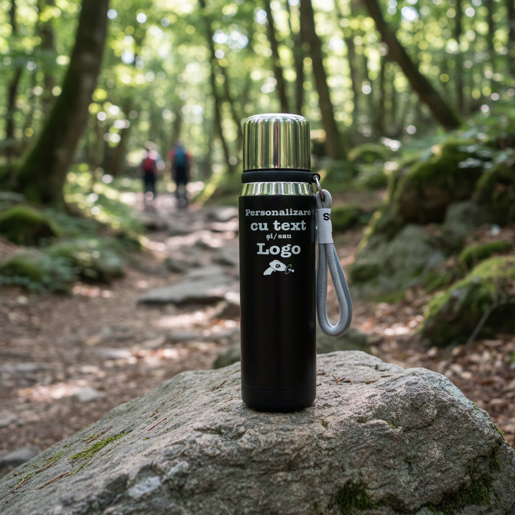 Termos personalizat negru mat 700ml din otel inoxidabil in padure