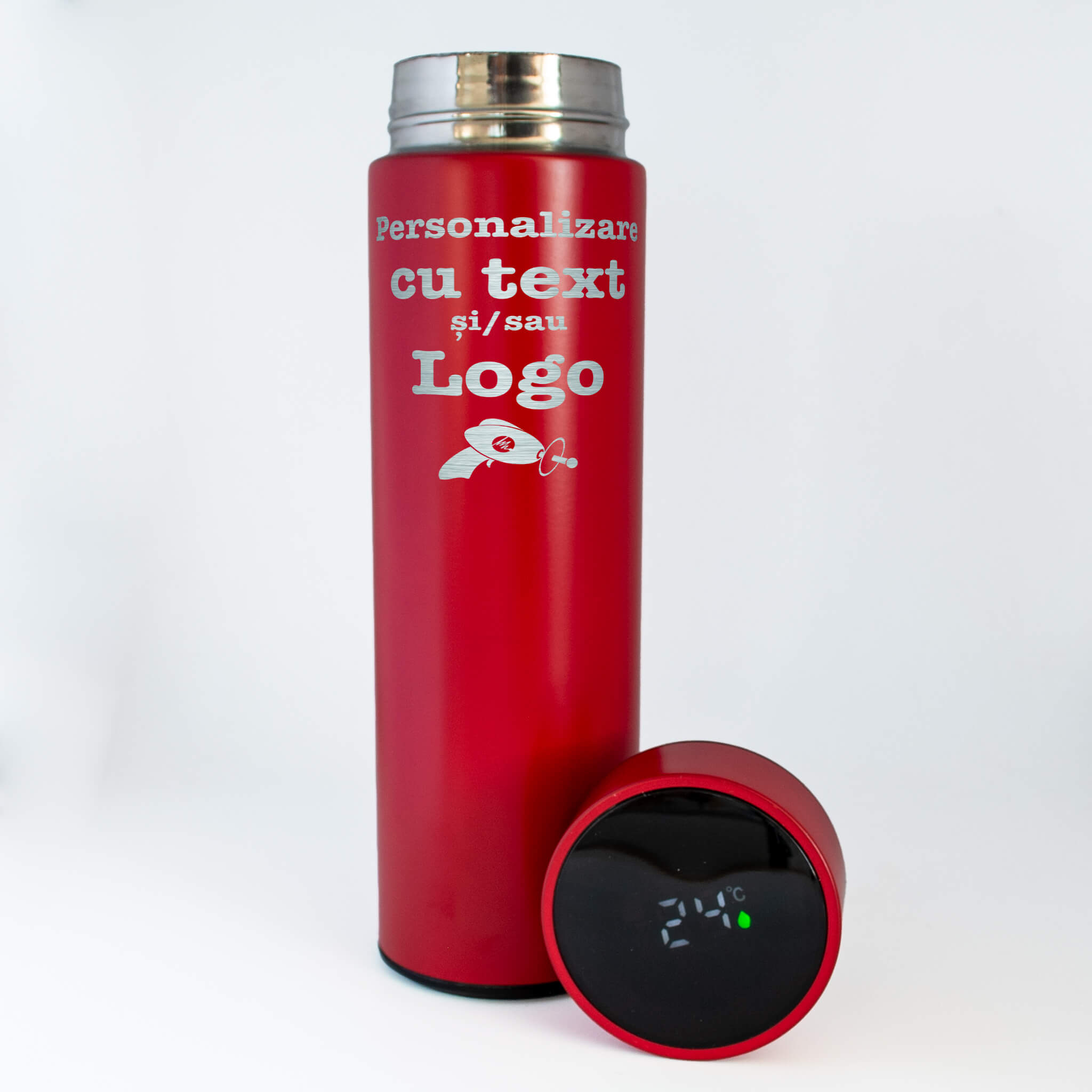 Termos Personalizat cu Termometru in Capac – Rosu 500ml, Gravura Laser pe Inox