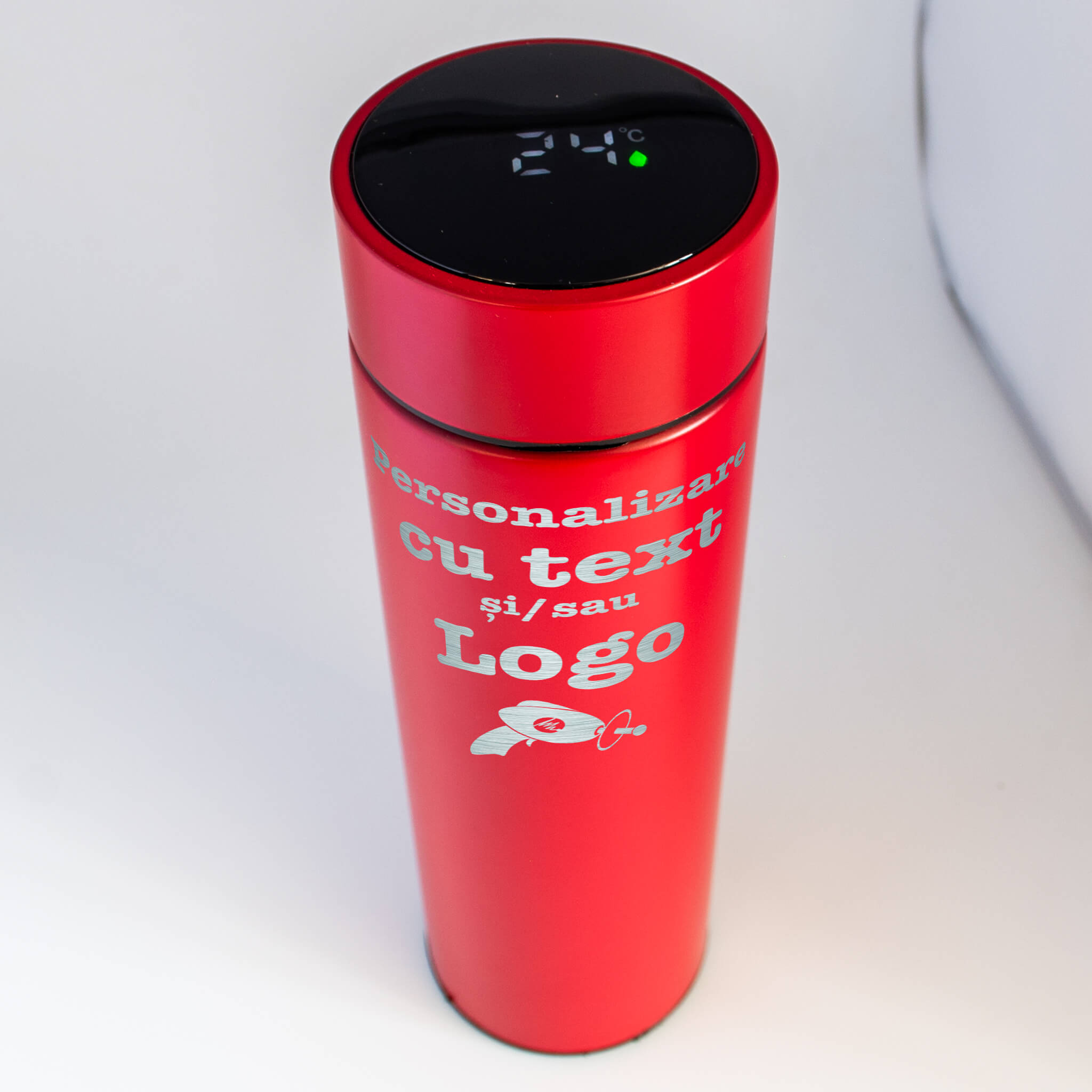 Termos Personalizat cu Termometru in Capac – Rosu 500ml, Gravura Laser pe Inox