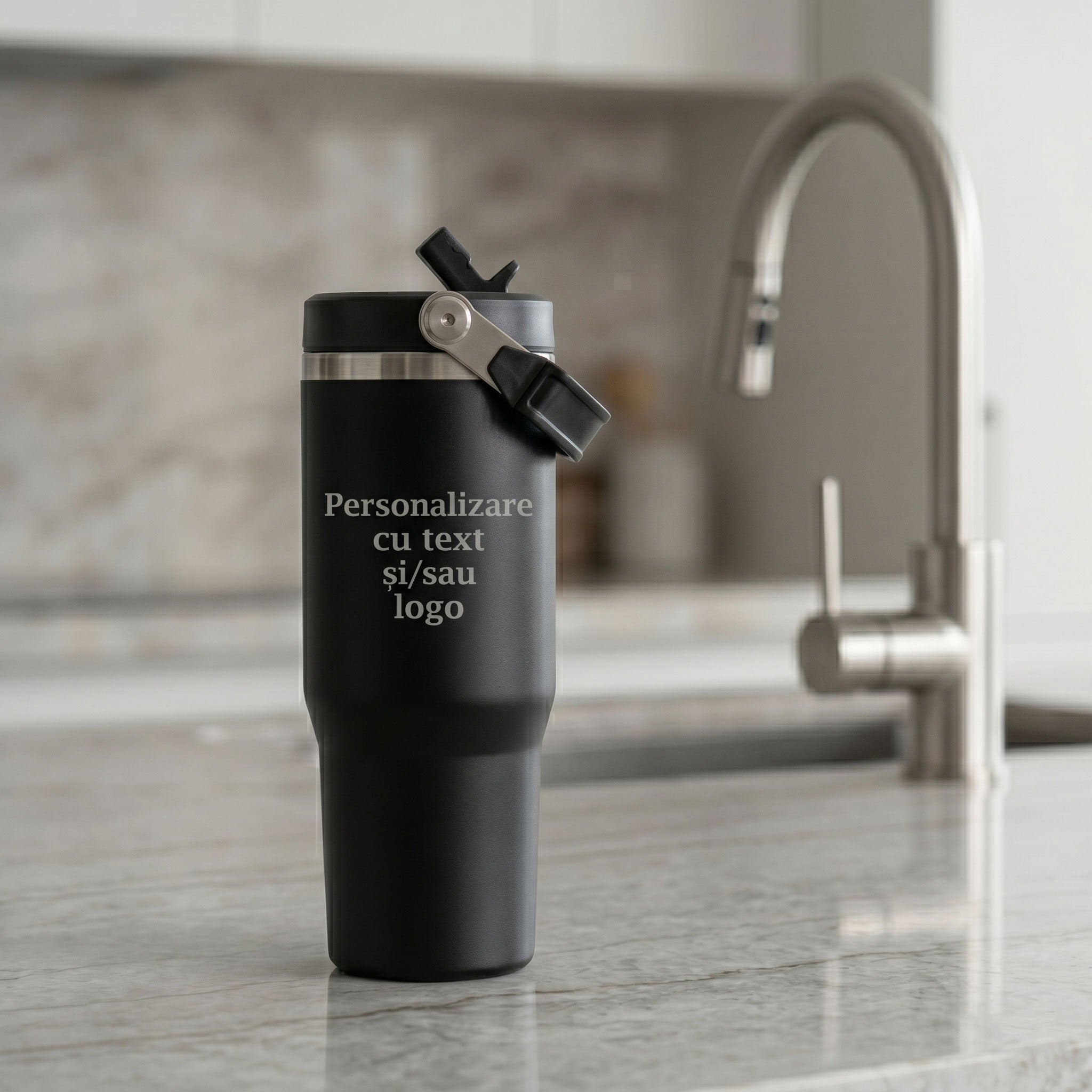 Termos personalizat de 890ml cu maner rabatabil si mustiuc integrat in capac.